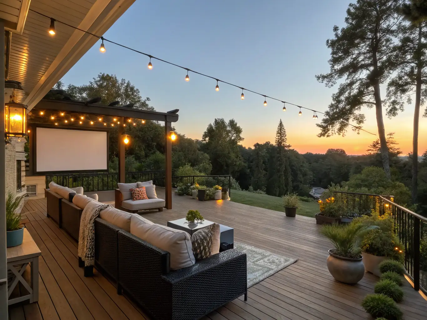 A spacious wooden deck with seating and lighting in a backyard, illustrating The Wood Junction's deck building capabilities.