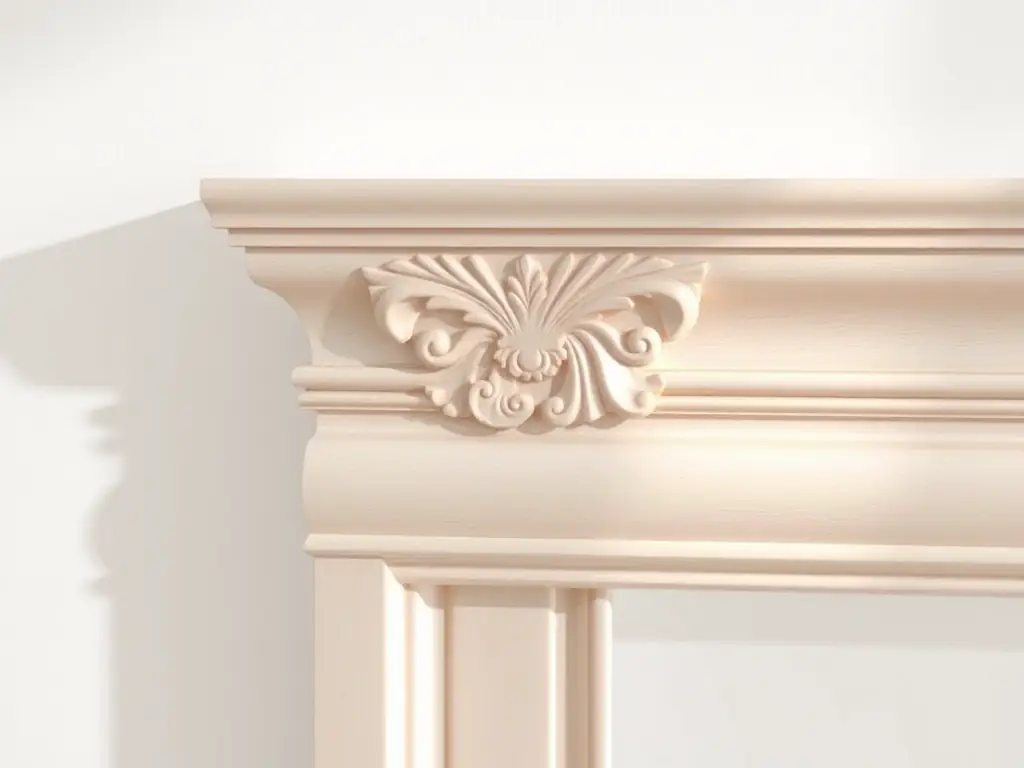 Close-up of intricate crown molding in a living room setting, highlighting the detailed trim and molding work by The Wood Junction.
